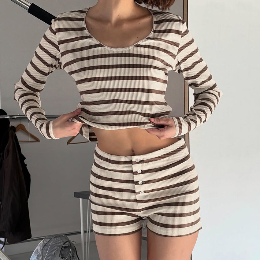 Striped Euro-Chic Crew-Neck Long-Sleeve Shorts Knitted Pajamas