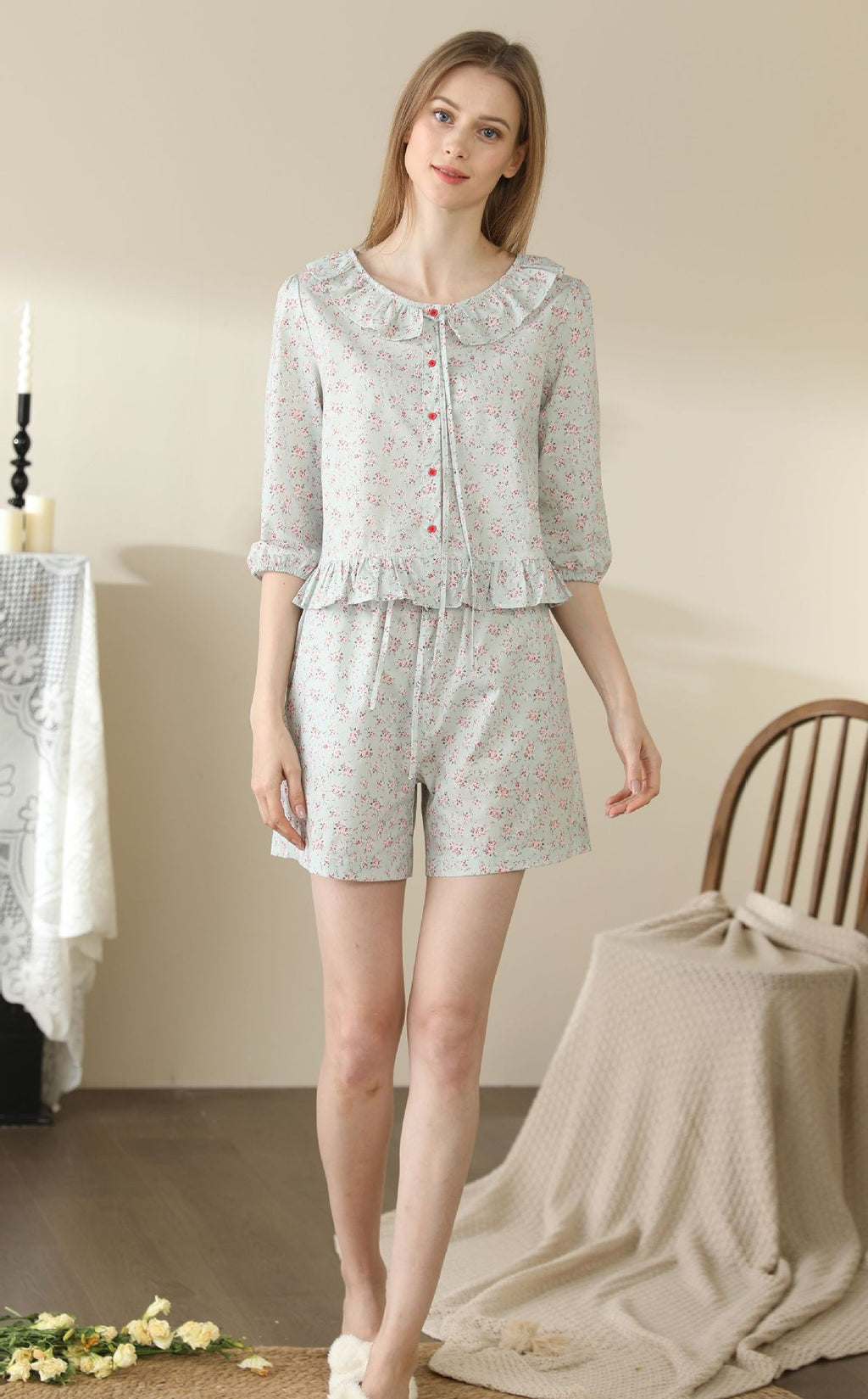 Cute Small Floral Cardigan Lace Collar Cotton Pajamas