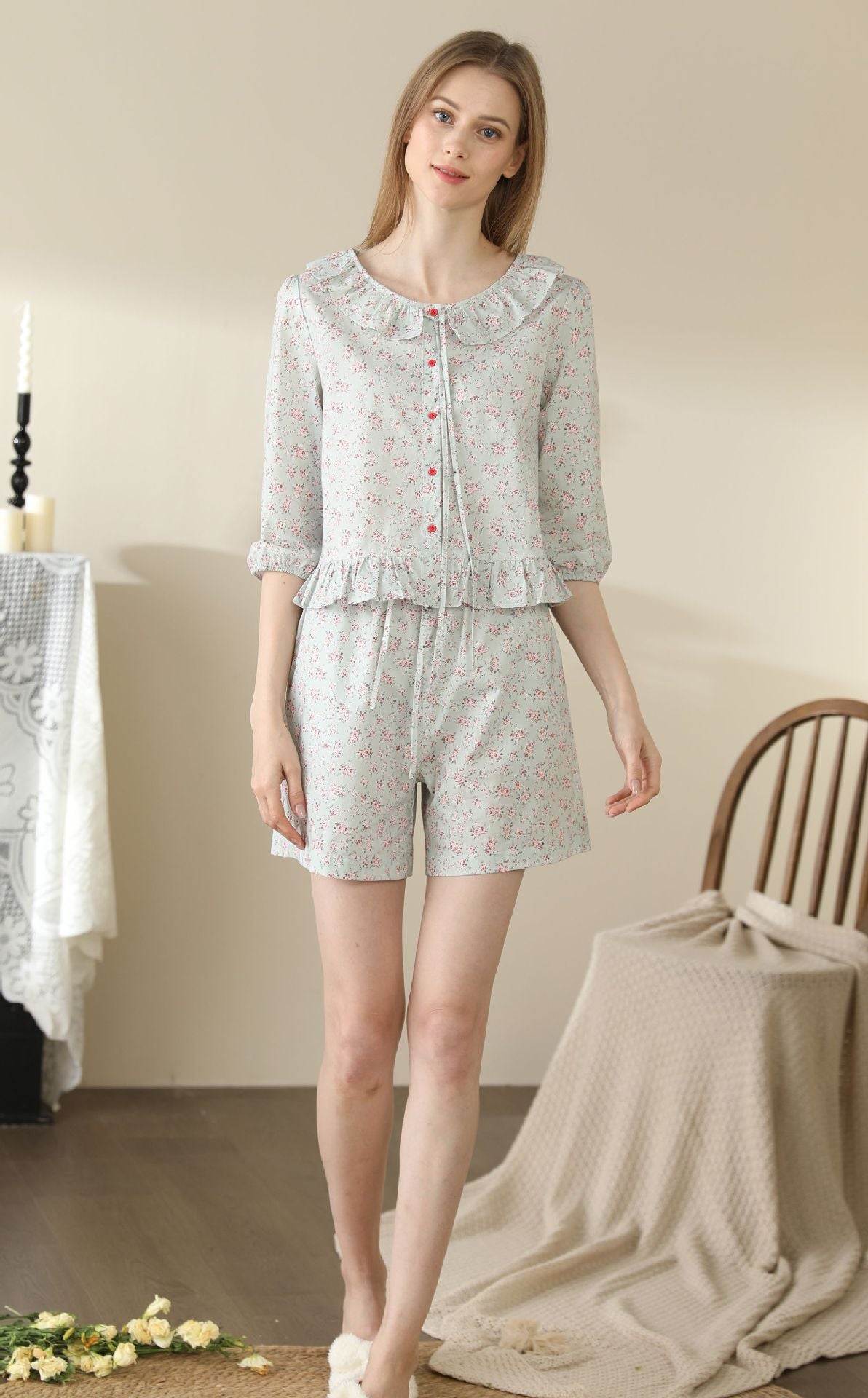 Cute Small Floral Cardigan Lace Collar Cotton Pajamas