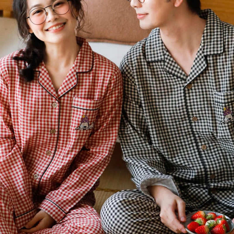 Cotton Gauze Embroidered Plaid Outdoor Casual Pajamas