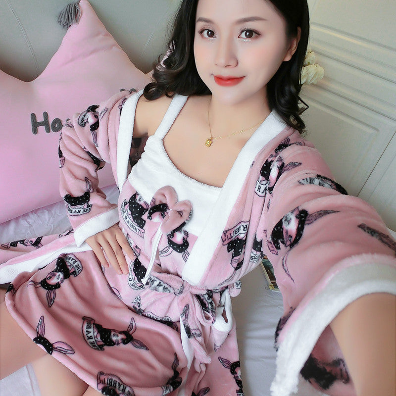 Thick Warm Long-sleeved Nightgown With Two-piece Suspenders