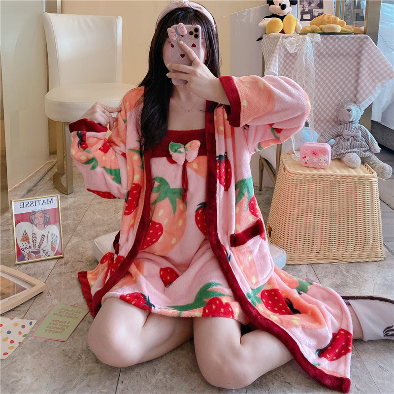Thick Warm Long-sleeved Nightgown With Two-piece Suspenders