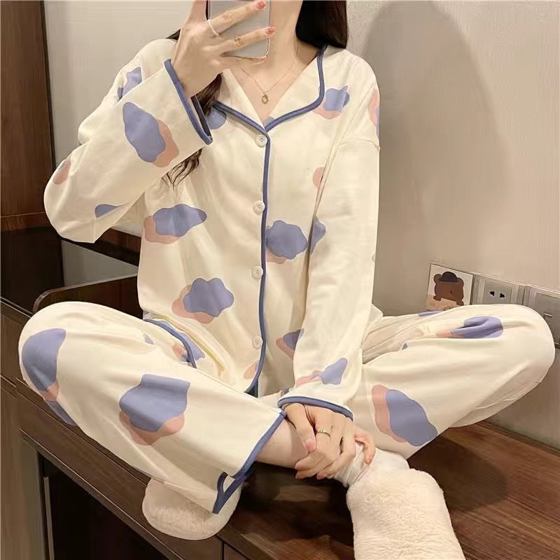 Cute Comfy Long-sleeved Simple Loose Pajamas