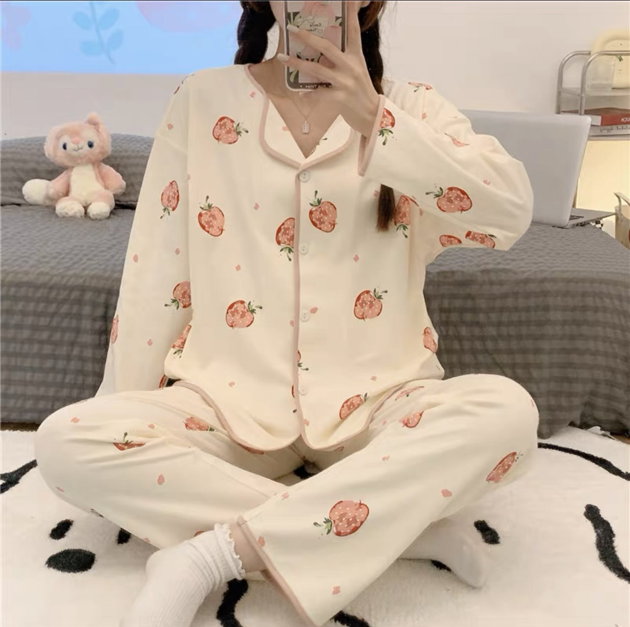 Cute Comfy Long-sleeved Simple Loose Pajamas
