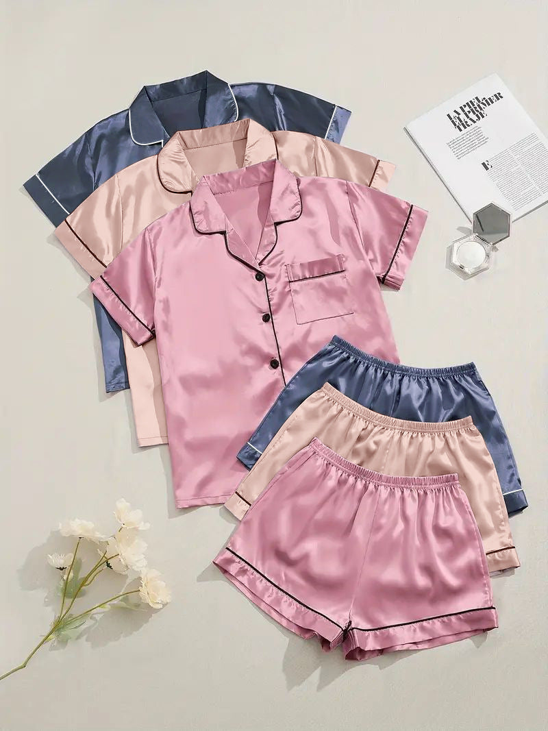 Short-sleeve Satin Three-piece Pajama Sets