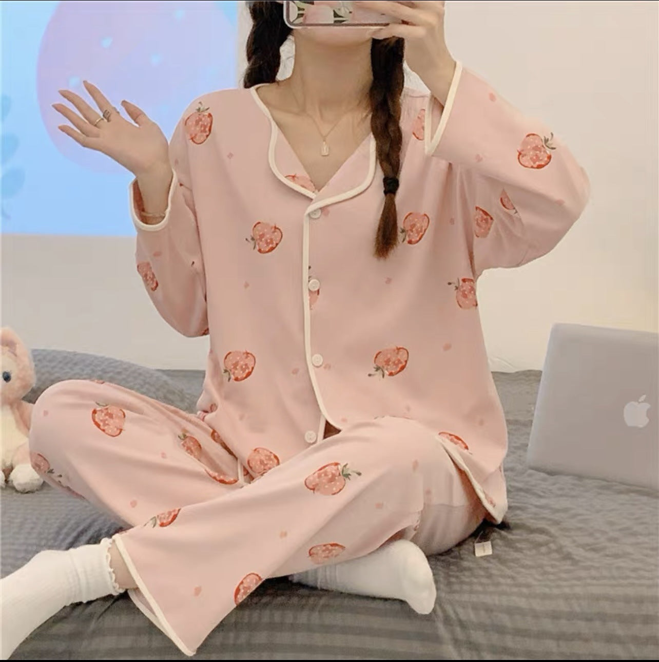 Cute Comfy Long-sleeved Simple Loose Pajamas
