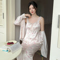 Silk Pajama Set Bow-Detailed Print Long Sleeves 3-Piece Set