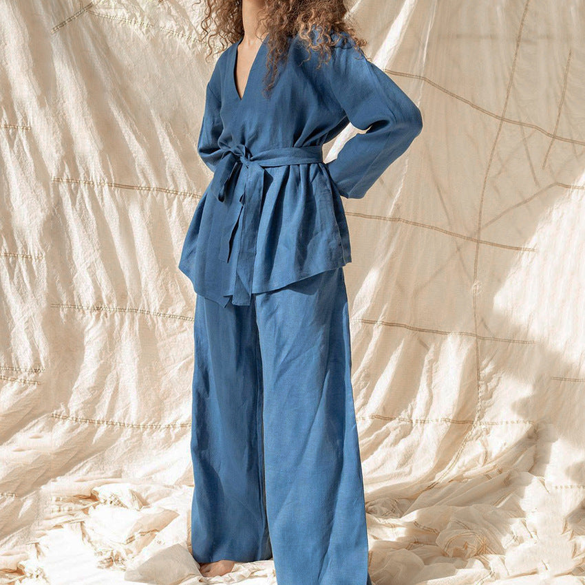 Cotton Linen Women Pajama Robe Sets Lace Up Long Sleeve