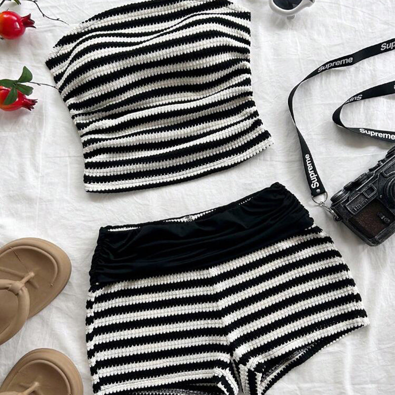 Stripes Tube Top & Shorts Pants Two-piece Set