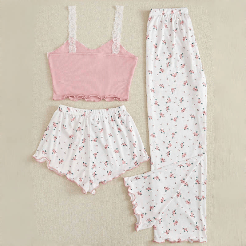 Sexy Floral Lace Sling Three-piece Set Pajamas