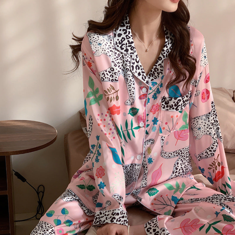 Women's Leopard Print Comfort Ice Silk Long-sleeved Trousers